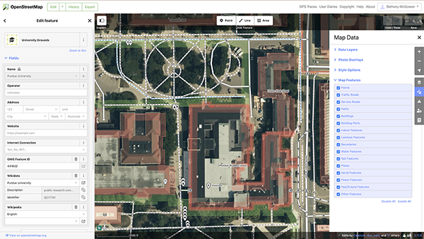 An image of an OpenStreetMap in Edit mode