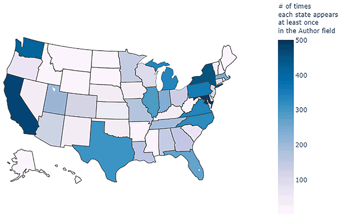 Map of US-affiliated authors, 2001–2019