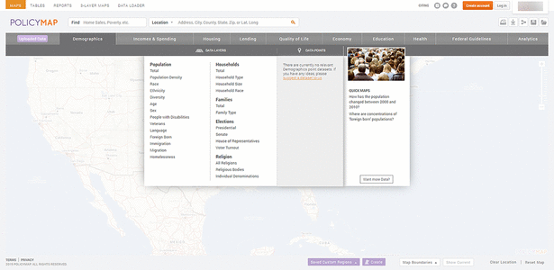 Screen shot showing Data categories and data layers and data points for the demographics category