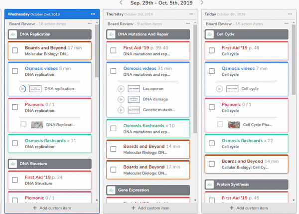 Screenshot of mock calendar created to track and organize a graduating medical student who is studying for board exams, with a timeline of October through May